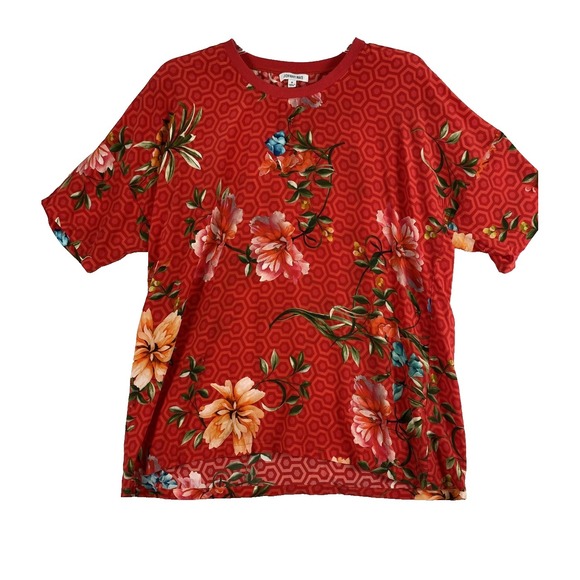 Johnny Was Blouse Top Women Sz M Red Floral 100% Silk Short Sleeve Resort